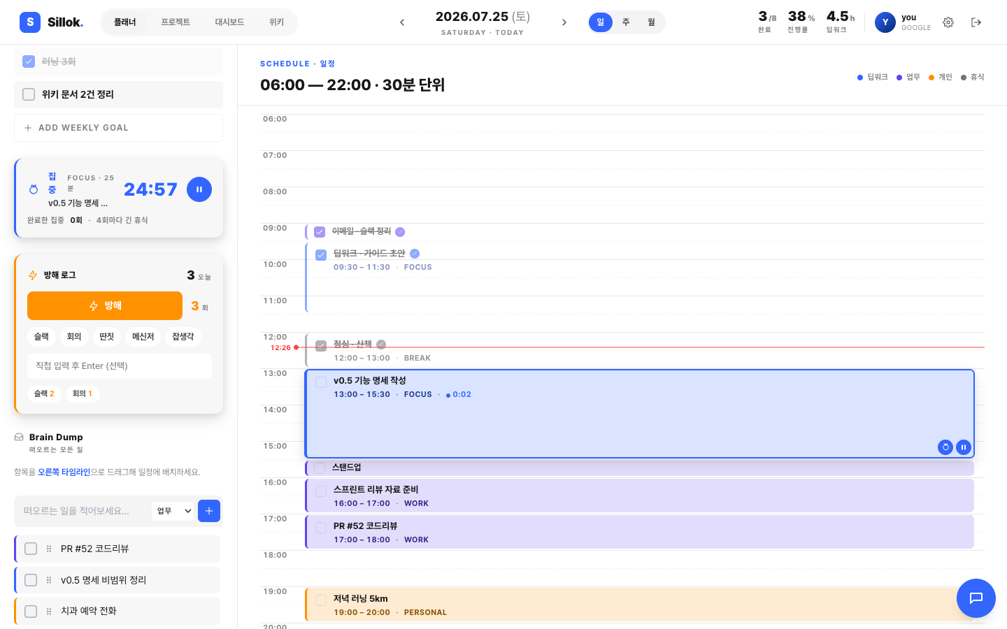 포모도로 실행 중 화면 — 사이드바에 집중 24분 57초 카운트다운 바와 방해 로그 패널(슬랙 2 · 회의 1 집계), 타임라인의 실행 중 블록에는 초록 테두리와 경과 시간이 표시