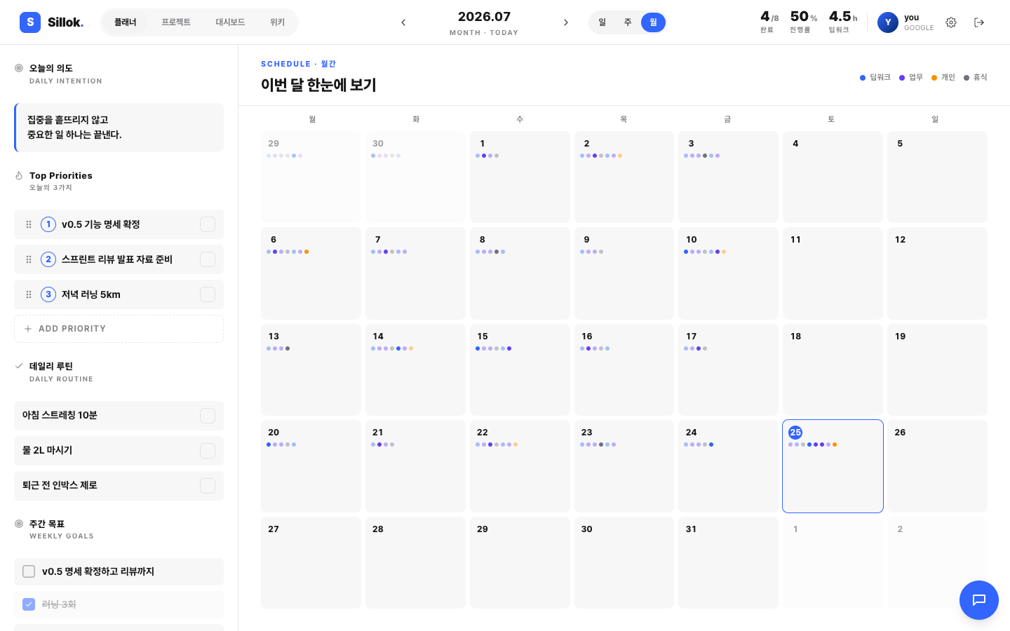 월간 뷰 — 달력 형태로 각 날짜 칸에 카테고리 색 점이 찍혀 하루의 밀도를 보여줌